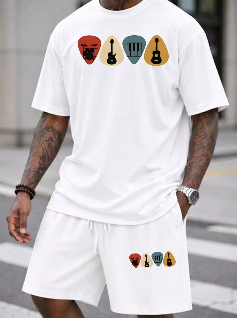 Men S 2 Piece Oversized T-Shir - Musical Instruments ulasan dan harga