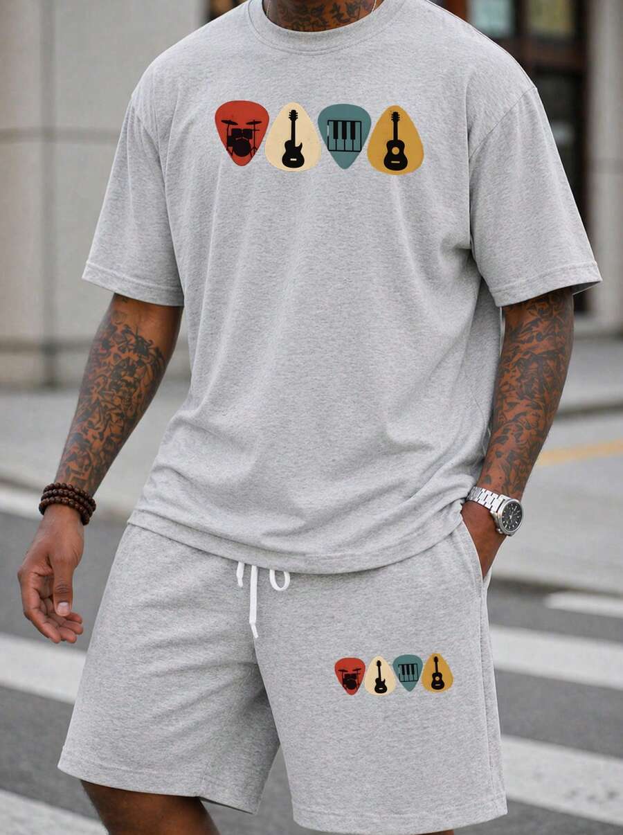 Men S 2 Piece Oversized T-Shir - Musical Instruments ulasan dan harga